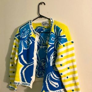 Women’s Vintage 80s Yellow And Blue Floral Lilly Pulitzer Cardigan  - Size S